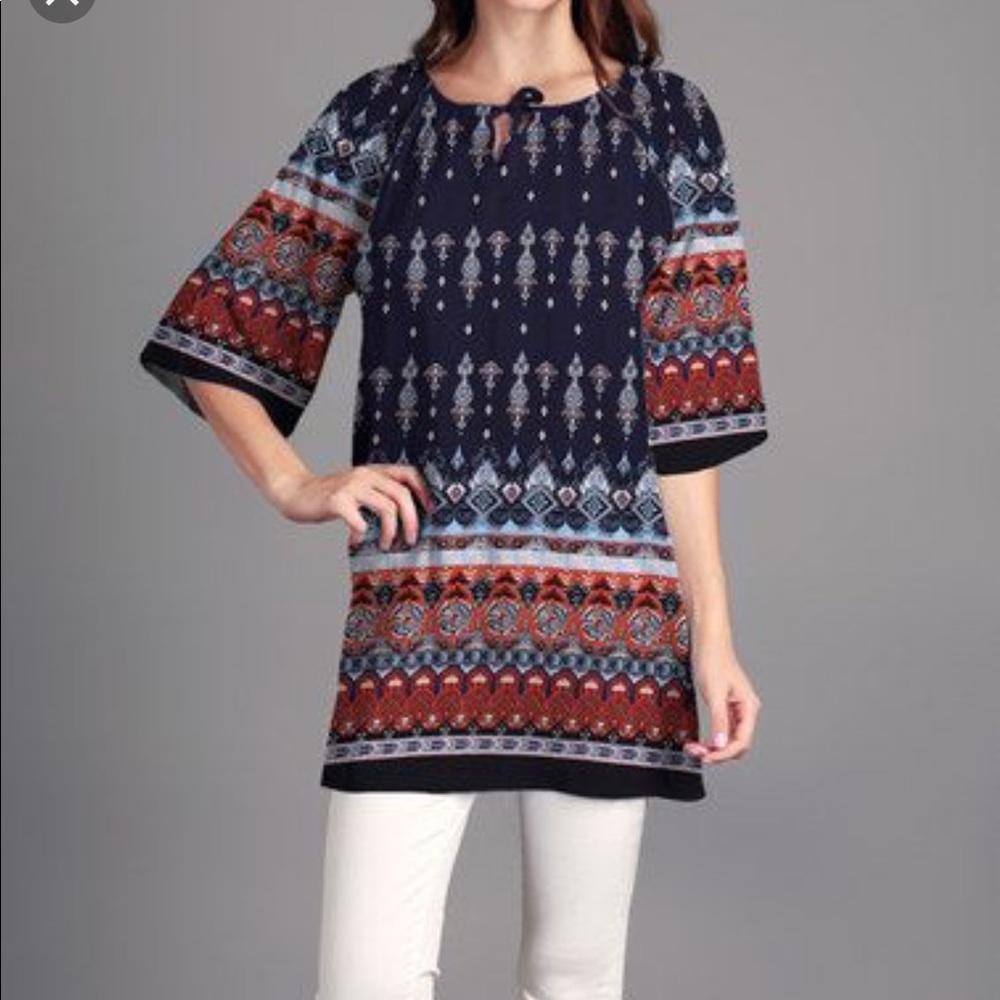 Blue and Paisley Tunic with tie neckline